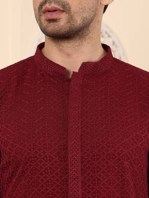 Red rayon silk straight chikankari kurta 4