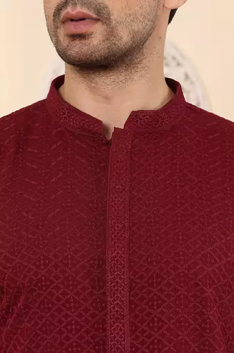 Red rayon silk straight chikankari kurta