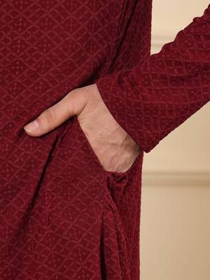 Red rayon silk straight chikankari kurta 5