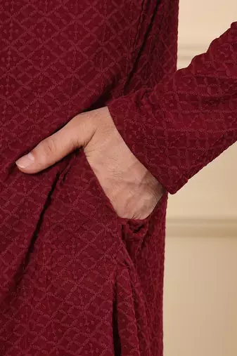 Red rayon silk straight chikankari kurta