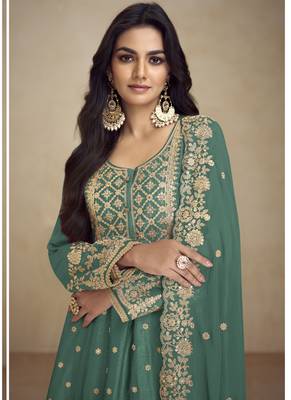 Designer teal green chinon silk embroidered Palazzo suit 2