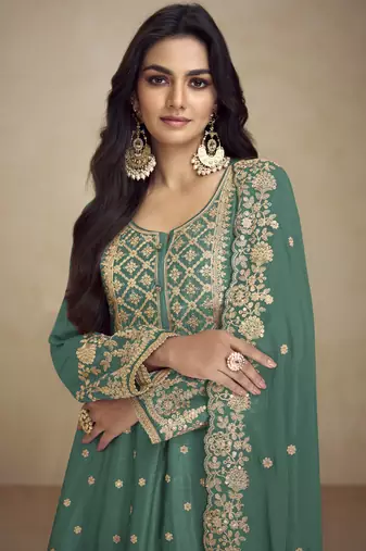 Designer teal green chinon silk embroidered Palazzo suit