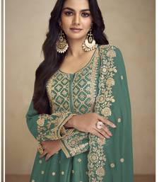 Designer teal green chinon silk embroidered Palazzo suit