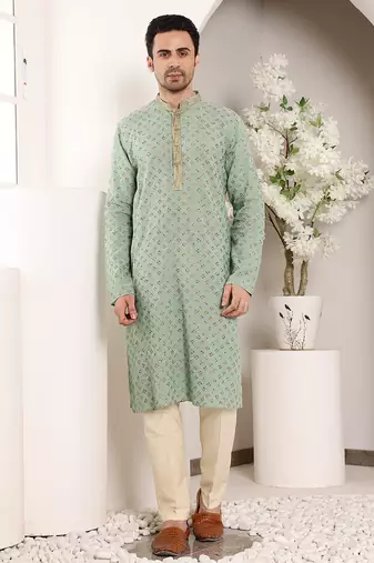Sea green embroidery kurta straight cotton kurta