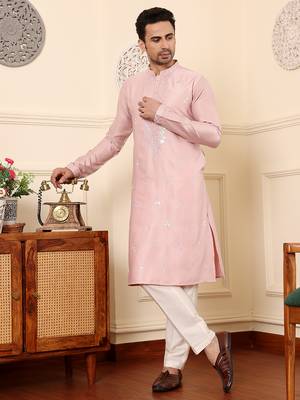 pink straight viscose silk embroidered kurta 1