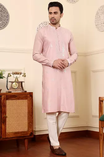 pink straight viscose silk embroidered kurta