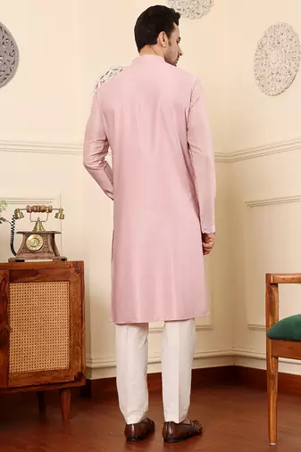 pink straight viscose silk embroidered kurta
