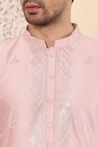 pink straight viscose silk embroidered kurta
