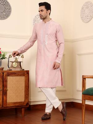 pink straight viscose silk embroidered kurta 5