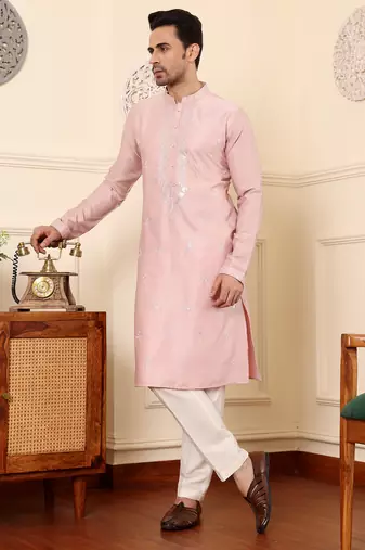 pink straight viscose silk embroidered kurta