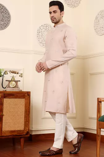peach straight viscose silk embroidered kurta