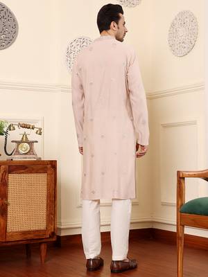peach straight viscose silk embroidered kurta 3