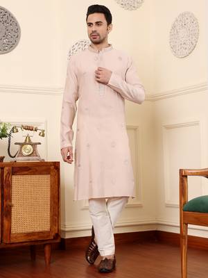 peach straight viscose silk embroidered kurta 4