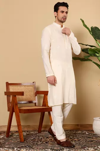 cream straight viscose silk embroidered kurta