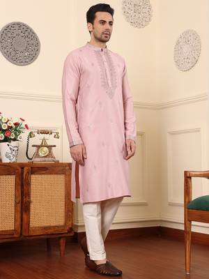 pink straight viscose silk embroidered kurta 2