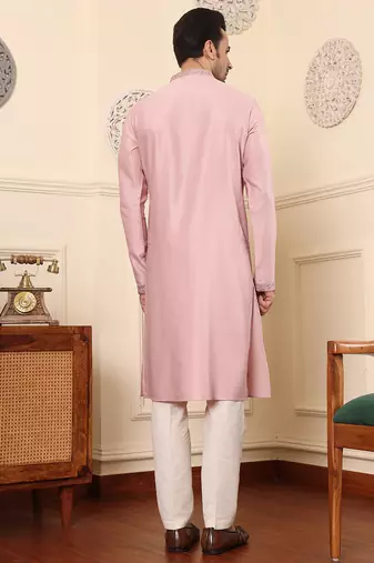 pink straight viscose silk embroidered kurta