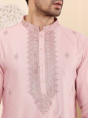 pink straight viscose silk embroidered kurta 4