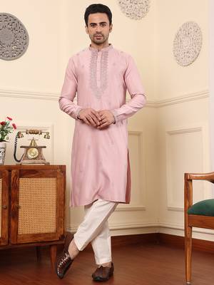 pink straight viscose silk embroidered kurta 5