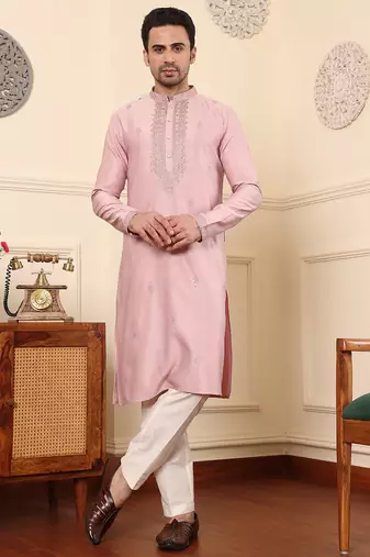 pink straight viscose silk embroidered kurta