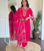 Beautiful Women's Thread work Viscose Fabric Straight Kurta, Pant and Dupatta Set