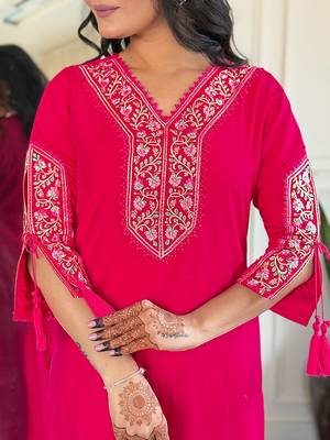 Beautiful Women's Thread work Viscose Straight Kurta Pant and Dupatta Set 4