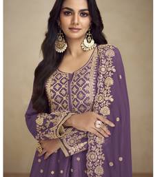 Designer purple chinon silk embroidered palazzo suit