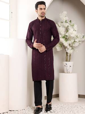 purple straight viscose silk embroidered kurta 1