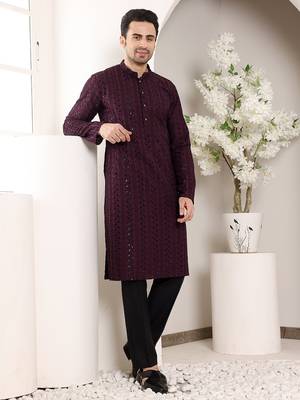 purple straight viscose silk embroidered kurta 2