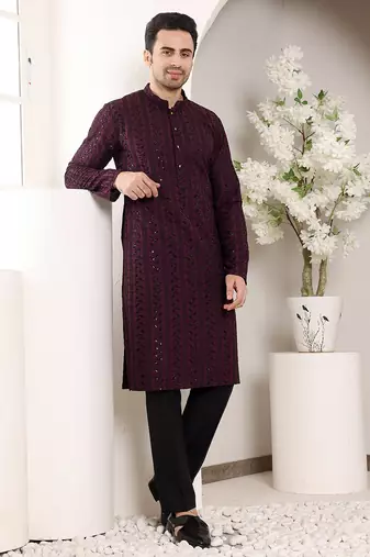 purple straight viscose silk embroidered kurta
