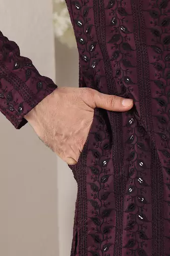 purple straight viscose silk embroidered kurta