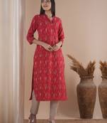 Straight fit kurta in cotton ikat fabric with hand embroidery highlight.