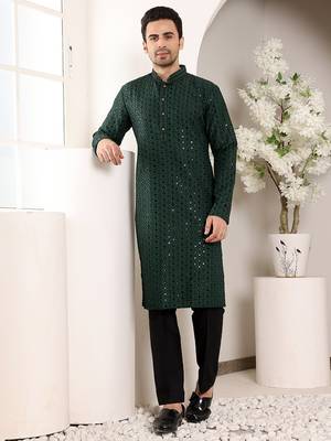 dark green straight viscose silk embroidered kurta 1