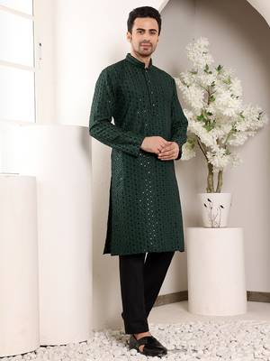 dark green straight viscose silk embroidered kurta 2