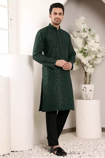 dark green straight viscose silk embroidered kurta