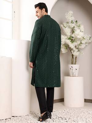 dark green straight viscose silk embroidered kurta 3