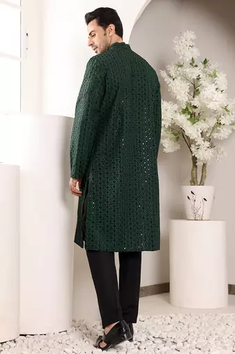 dark green straight viscose silk embroidered kurta