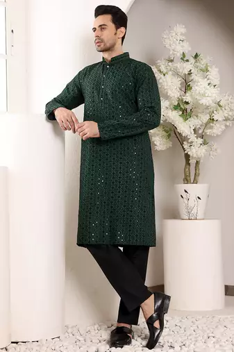 dark green straight viscose silk embroidered kurta
