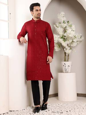 red straight viscose silk embroidered kurta 1