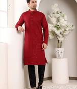 red straight viscose silk embroidered kurta