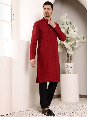red straight viscose silk embroidered kurta 2