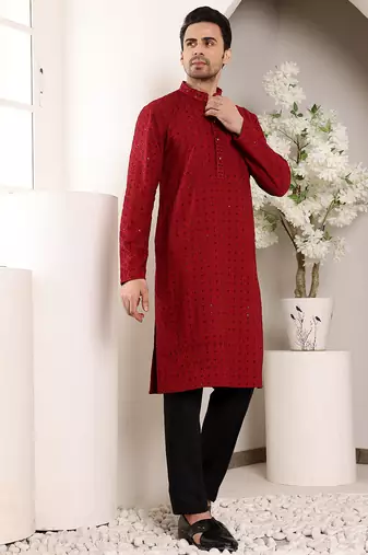red straight viscose silk embroidered kurta