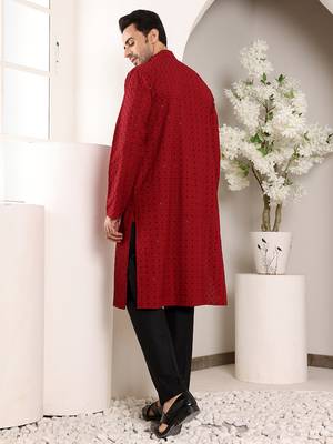 red straight viscose silk embroidered kurta 3