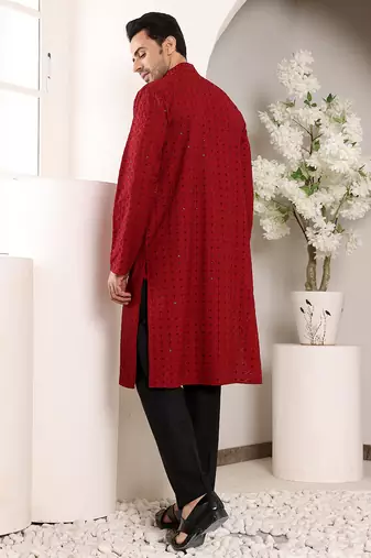 red straight viscose silk embroidered kurta