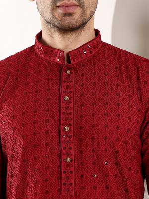 red straight viscose silk embroidered kurta 4