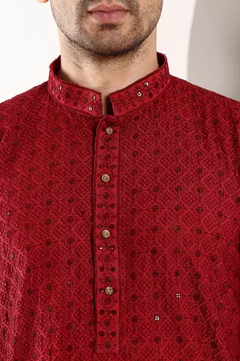 red straight viscose silk embroidered kurta