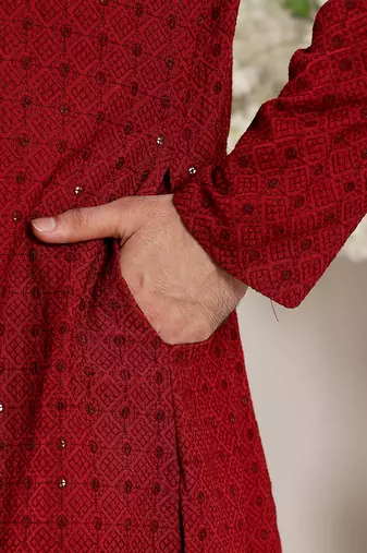 red straight viscose silk embroidered kurta