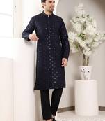 Navy Blue straight viscose silk embroidered kurta
