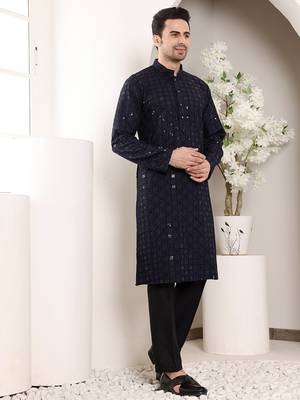 Navy Blue straight viscose silk embroidered kurta 2