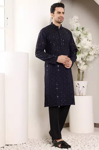 Navy Blue straight viscose silk embroidered kurta