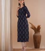 Straight fit cotton kurta in woven ikat fabric with hand embroidery.